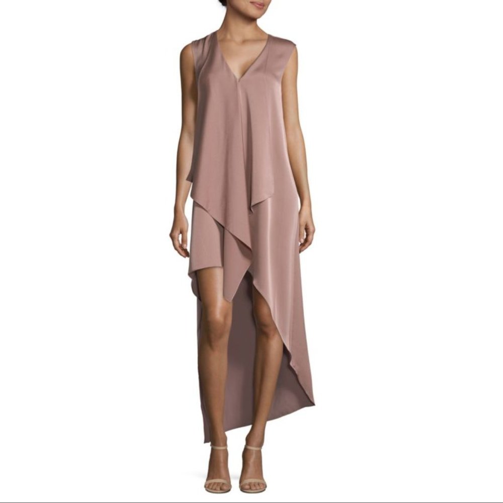 BCBGMaxAzria Tara High-Low Draped Asymmetrical Dress in Dusty Pink / Mauve
